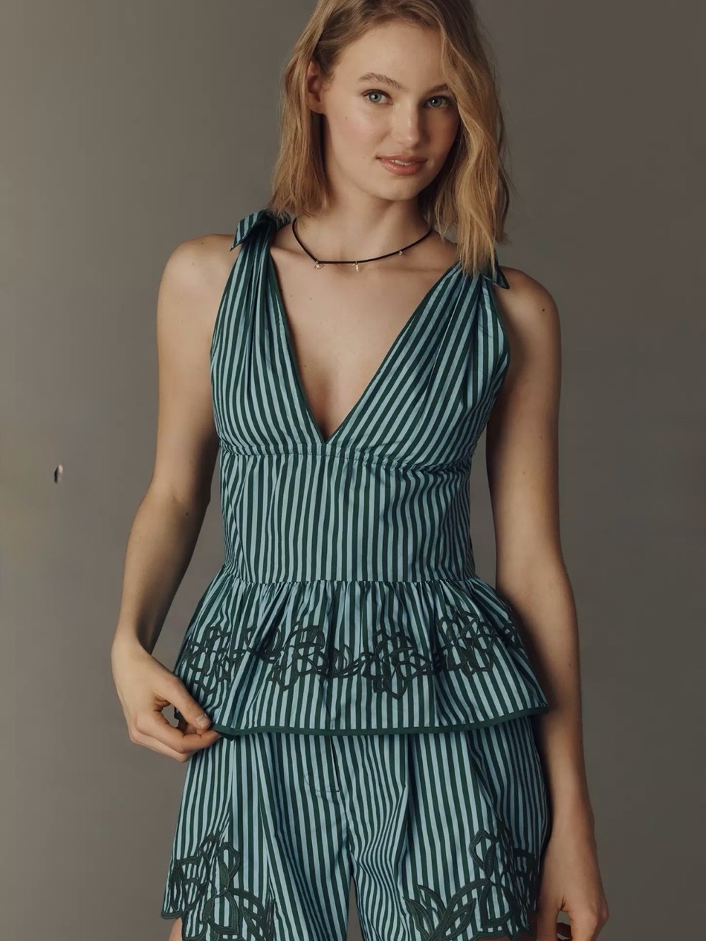FARM Rio Teal and Dark Green Striped Tie-Shoulder Peplum Top